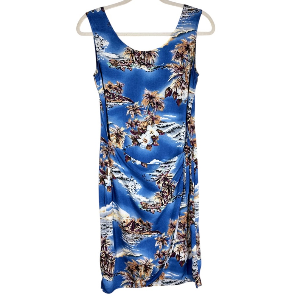 Hilo Hattie Hawaiian Short Faux Wrap Dress Size XS Blue Tropical Ukulele Print